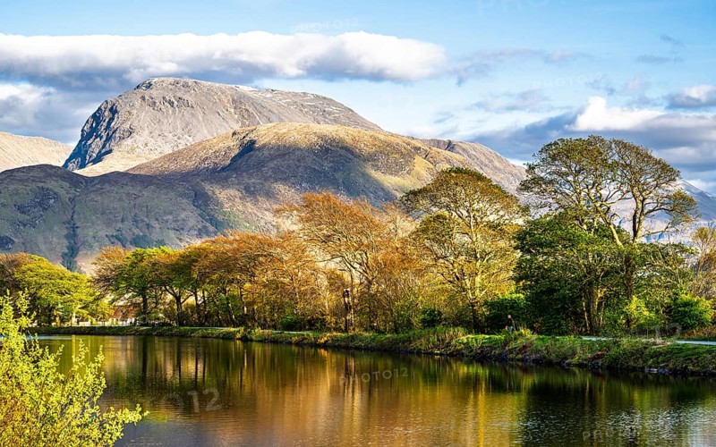 Caledonian Canal, Caol Beach and Nevis Range Mountains, Corpach, Fort William, Highland, Scotland, UK