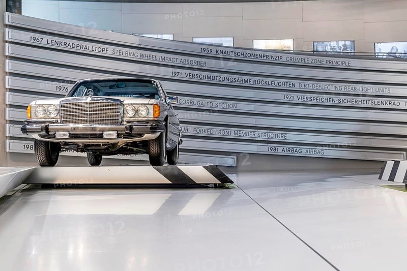 Mercedes-Benz 300 SD from 1980, the first series-produced passenger car to be equipped with a turbocharged diesel engine. The Mercedes-Benz Museum in Stuttgart presents a journey through time through the automotive history of the global corporation. The history of the Mercedes star begins with the first automobile in 1886. Stuttgart, Baden-Württemberg, Germany