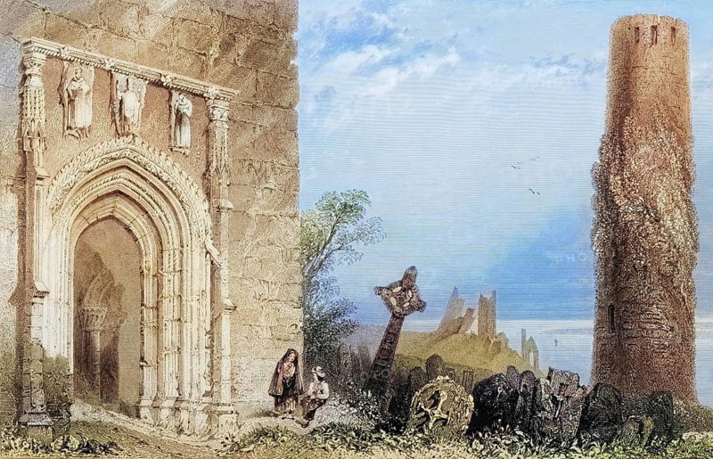 Entrance to Temple Mcdermot, Clonmacnoise, Ireland, from the Landscape and Antiquities of Ireland, 1841, digital reproduction of a historical model