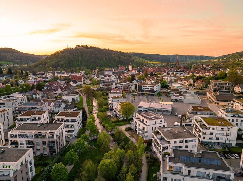 Aerial view of a town at sunset, crossed by a river, Nagold, district of Calw, Germany