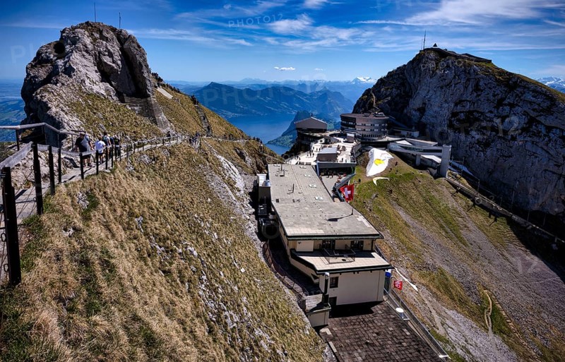 Pilatus Kulm mountain station, Hotel Bellevue, Hotel Pilatus Kulm, summit donkey, tourists, Canton of Lucerne, Switzerland
