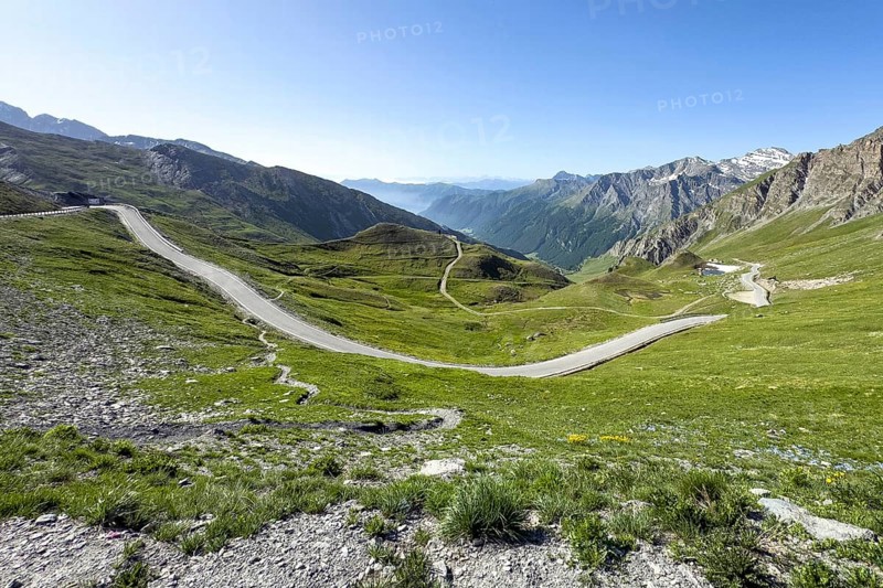View of southern ramp southern ascent mountain road Alpine road to pass in Alps High Alps Alpine pass above tree line 2744 metres high Col d'Agnel, Colle dell'Agnello, Pontechianale, Piedmont, Italy