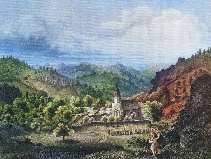 Obertruppach, Obertrubach, c. 1850, Franconian Switzerland, district of Forchheim, Upper Franconia, Bavaria, Germany, digitally enhanced reproduction from a 19th century original, coloured, historical, exact date unknown