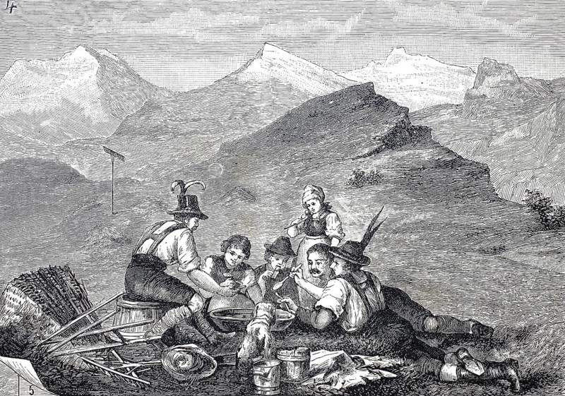 Alpine farmers taking a break while mowing the mountains, Vesper, Alps, Tyrol, around 1880, Austria, Historical, digitally restored reproduction from a 19th century original, Record date not stated