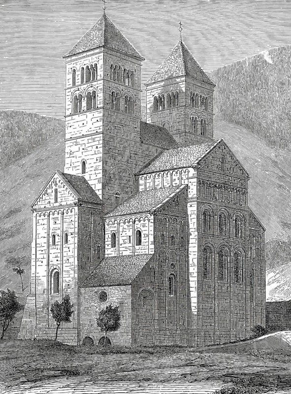 Abbey church of Murbach, dedicated to St Leodegar of Autun, was the main church of the prince-abbey of Murbach, Upper Alsace, Grand Est region, France, Historical, digitally enhanced reproduction of an original from around 1860