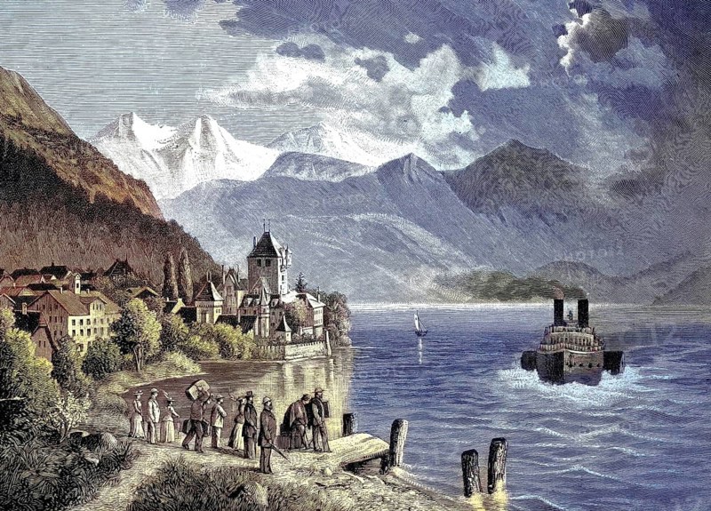 Lake Thun, Thunersee, is an alpine lake in the Bernese Oberland in Switzerland, here with Oberhofen Castle, historical picture or illustration from 1894, reproduction, digitally enhanced, Historical