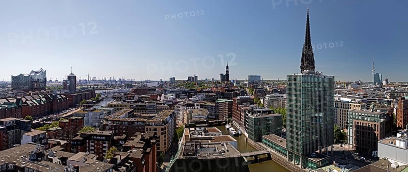 City view from above with the Elbphilharmonie and the St. Nikolai memorial, Hamburg, Germany