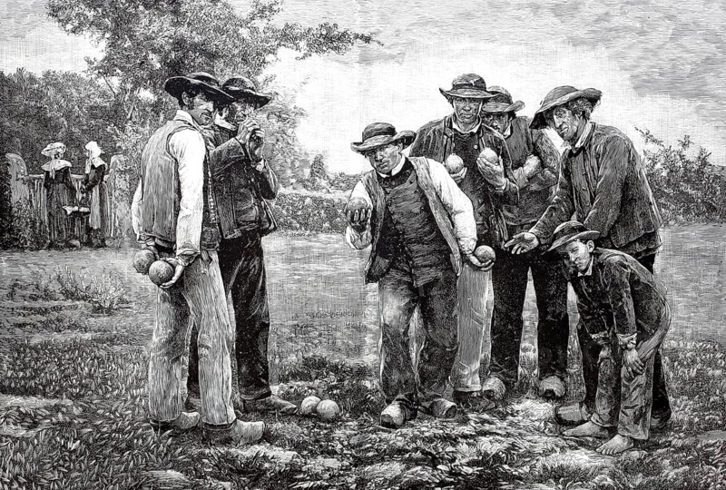 Men playing boules, 1880, France, Historical, digitally restored reproduction from a 19th century original, Record date not stated