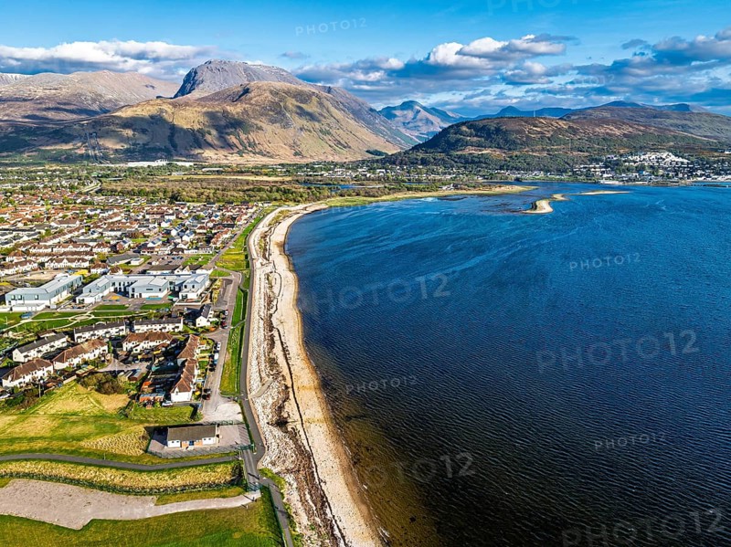 View of Caol Beach and Nevis Range Mountains from a drone, Corpach, Fort William, Highland, Scotland, United Kingdom