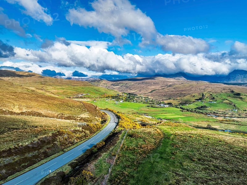 Farms and Moors over Loch Harport from a drone, Drynoch, Isle of Skye, Highlands, Scotland, United Kingdom