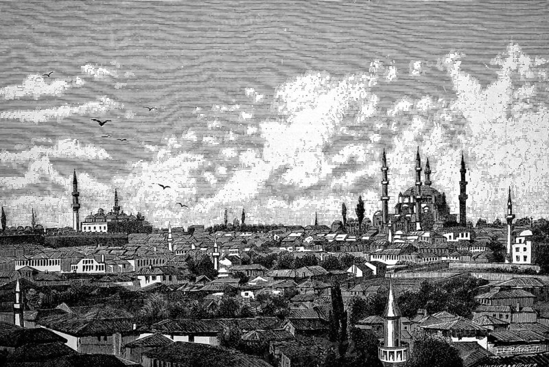Cityscape of Adrianople or Edirne with Selimiye Mosque, Ottoman architecture, domed building, minarets of the mosques, large city in the European part, Turkey, historical illustration 1896