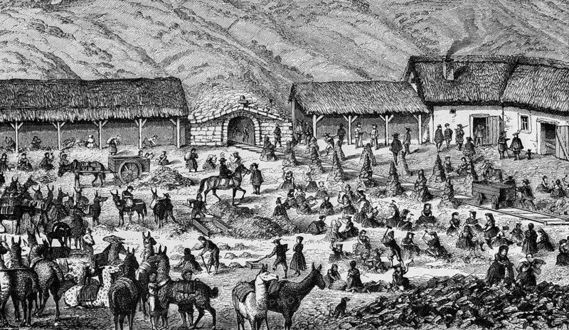 Mine in North Chile, mining of mineral resources, lorry, tracks, shaft in the mountain, crushing of the rock, workers, men and woman, horses, riders, carts, transport, spoil, house with smoking chimney, South America, historical illustration 1888