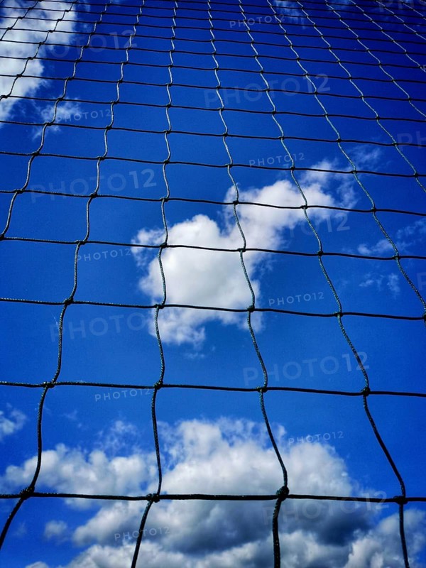 Looking up at a blue sky filled with clouds, framed by a black net. The sunlight highlights the delicate mesh against the vibrant sky during a clear day