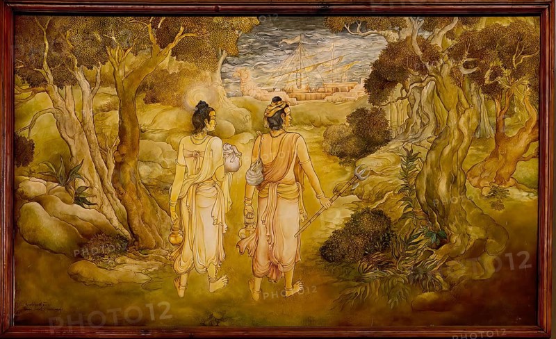 Temple of the sacred Tooth Relic or Sri Dalada Maligawa, Painted panel depicting the history of the Sacred Tooth Relic, New Shrine room or Alut Maligawa ceiling, Kandy, Sri Lanka