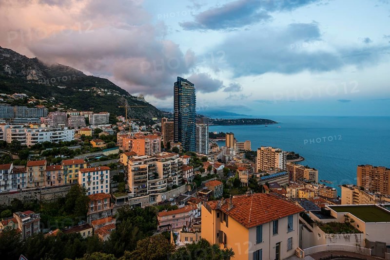Panorama, Skyline with skyscrapers by the sea, Sunset, Monte Carlo, Cote d'Azur, Monaco