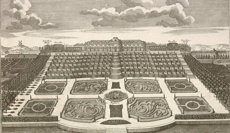 Royal pleasure palace and garden of Sanssouci, Potsdam, Germany, c. 1880, digitally restored reproduction of a 19th century illustration, historical, exact date unknown