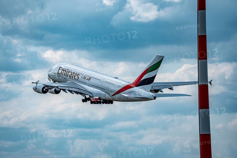 Emirates Airbus A380-800, on take-off, Düsseldorf Airport, North Rhine-Westphalia, Germany