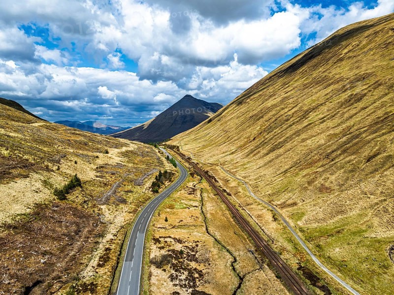 Montaims over West Highland Way A82 from a drone, Clifton, Crianlarich, Highland, Scotland, UK