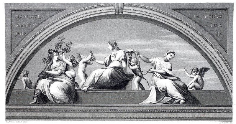 The Cardinal Virtues, Fortitude, Prudence and Temperance, after a painting by Raphael, illustration from 1870, Vatican, digitally enhanced reproduction from a 19th century original, historical, exact date unknown
