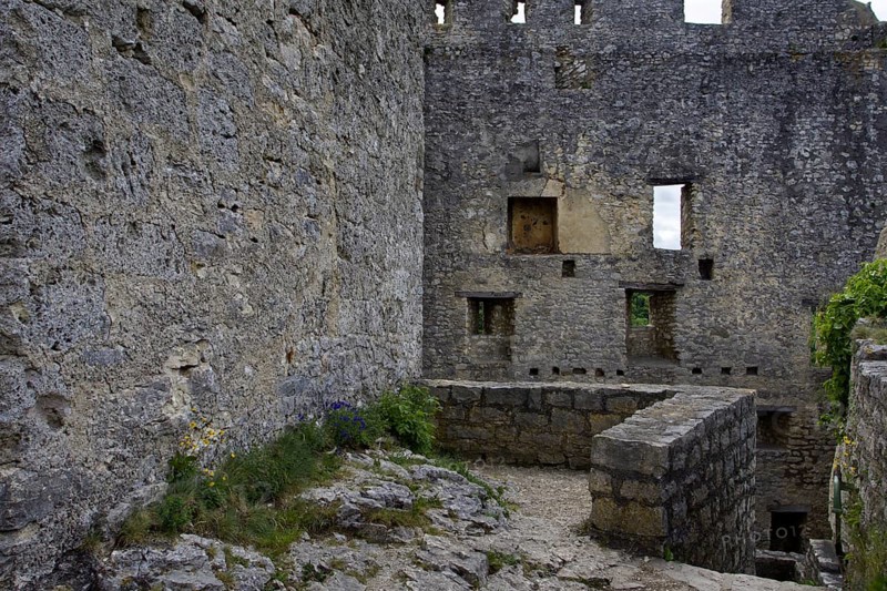 Close-up of an old, stone castle ruins courtyard, Reußenstein castle ruins, Neidlingen