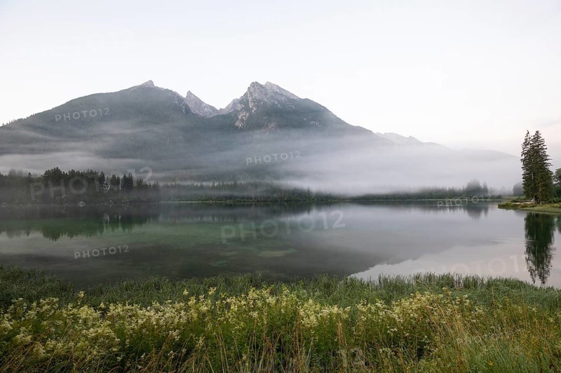 Magical sunrise with fog at Hintersee near Ramsau in Berchtesgadener Land