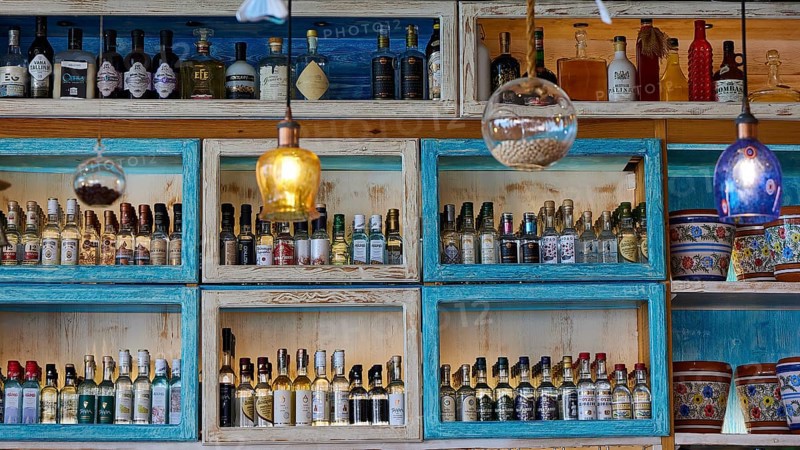 Decoratively arranged shelves with a variety of bottles and colourful elements, Taverna, Stegna Beach, Stegna Viewpoint, Stegna, East Coast, Rhodes, Dodecanese, Greek Islands, Greece