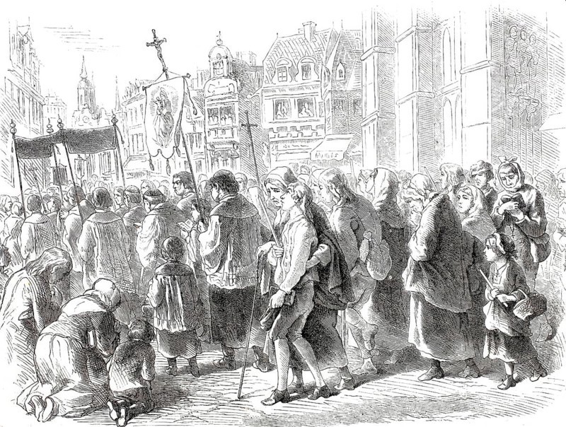 Pilgrimage to Kevelaer, group of pilgrims on the way to the pilgrimage church, 1869, District of Kleve, North Rhine-Westphalia, Germany, Historical, digitally enhanced reproduction of a 19th century original