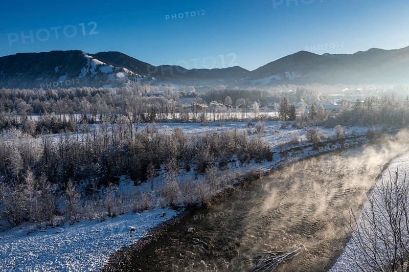Sunrise on the Isar, Isar valley near Arzbach, Tölzer Land, in winter, aerial view, Upper Bavaria, Bavaria, Germany