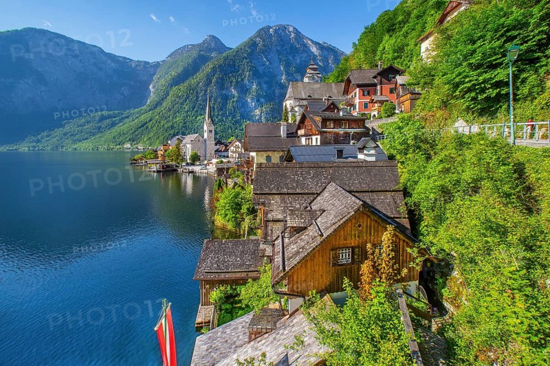 Panoramic view of the village on the steep bank, Hallstatt, Lake Hallstatt, UNESCO World Heritage Site, Salzkammergut, Upper Austria, Austria