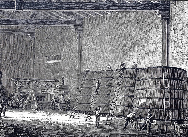 Wine production, view into a fermentation cellar, in the background an old wooden press, around 1880, digitally improved reproduction of a 19th century model, historical, exact date unknown