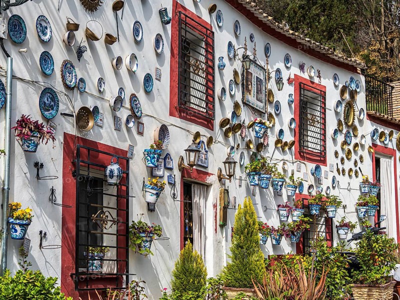 House casa la sevillana, decorated white house, Granada, Andalusia, Spain