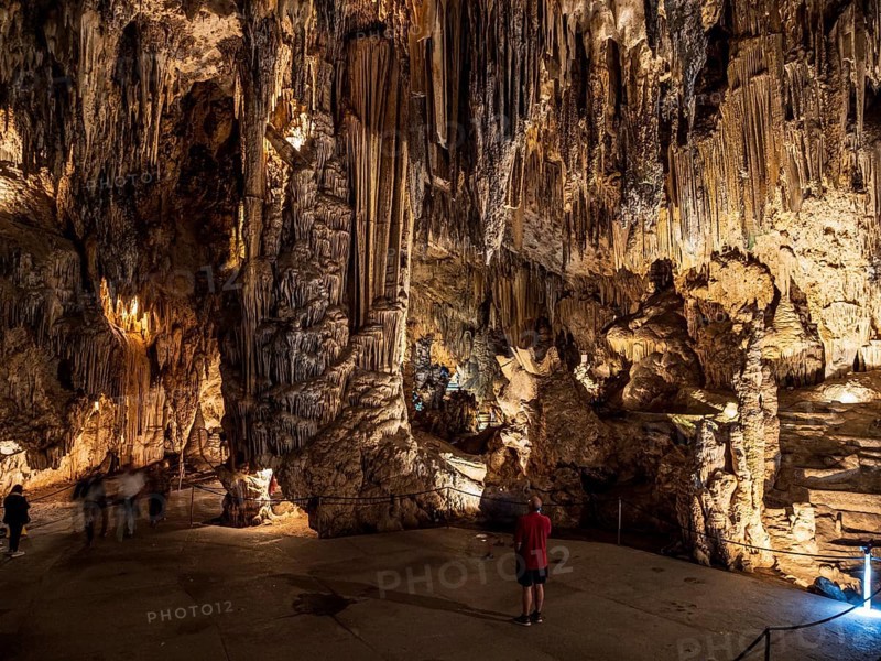 Cueva de Nerja, illuminated cave, large stalagmites and stalagtites, Nerja, Andalusia, Spain