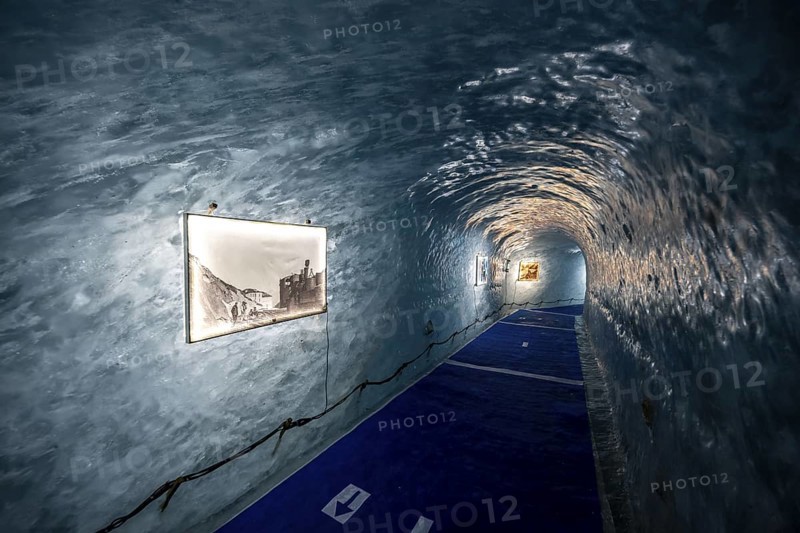 Artificial ice cave through the glacier ice, Mer de Glace, Montenvers, Chamonix, Haute-Savoie, France