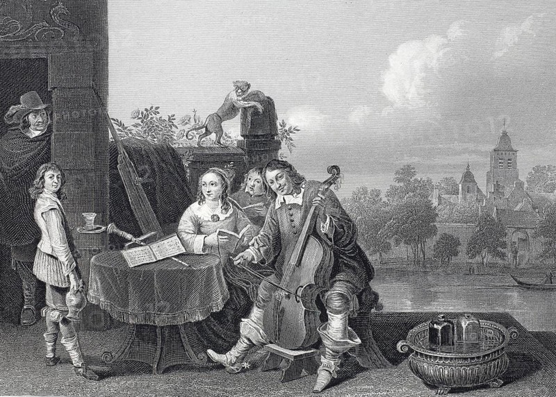 Teniers with his family with a cello, domestic music, David Teniers (baptised 15 December 1610, died 25 April 1690) was a Flemish painter, draughtsman and curator, Historical, digitally restored reproduction of a 19th century original, Musician and lady at a table with sheet music and cello in a baroque landscape scene