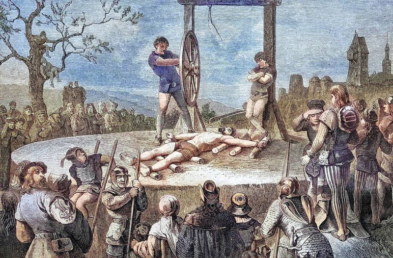 Torture, Execution of the death penalty by means of the wheel, Germany, coloured wood engraving, reproduction of an original from ca 1888, Historical, Historical depiction of a medieval torture scene with a crowd of people