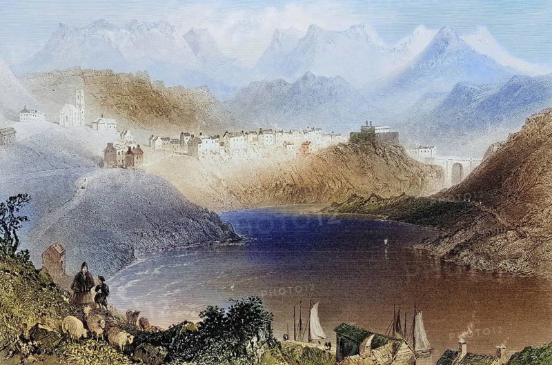 Clifden, Connemara, County Galway, Ireland, from the Landscape and Antiquities of Ireland, 1841, digital reproduction of a historical model