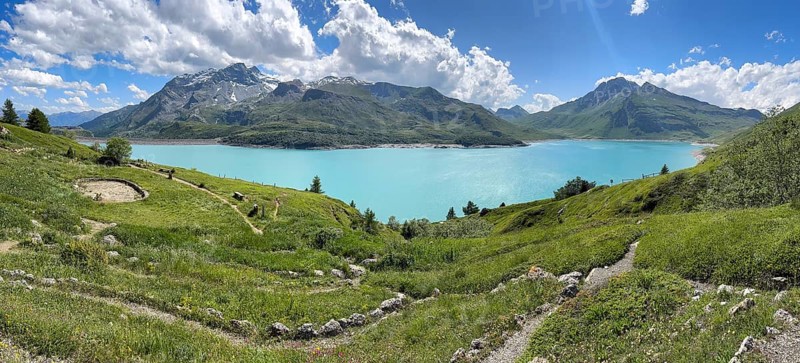 Panoramic view of Jardin Alpin in the foreground, Lac du Mont Cenis reservoir behind, Mont Cenis massif, Massif du Mont-Cenis, Graian Alps, Lanslebourg, Rhone-Alpes, France