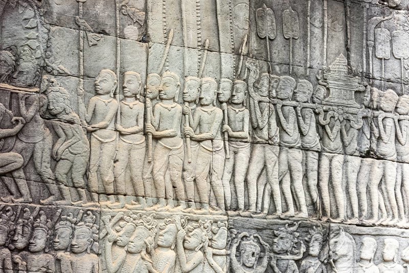 Stone bas-reliefs, Khmer war campaign against the Cham, relief wall, east façade, Bayon temple, Angkor Thom, Siem Reap province, Cambodia
