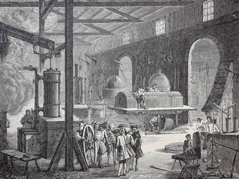 Machine shop in a factory in Soho, London, 18th century, digitally enhanced reproduction of a 19th century model, historical