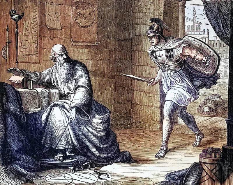 The death of Archimedes, Greek mathematician, physicist, engineer, inventor and astronomer in 212 BC, Syracuse, Sicily, Italy, digital reproduction of a historical model