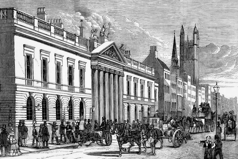 View of East India House in Leadenhall Street in the City of London, England, was the headquarters of the British East India Company, digital reproduction of a historical model
