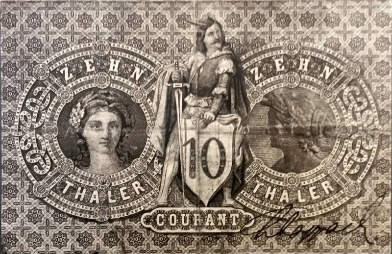 Banknote, emergency money, ten Thaler, Taler, reverse, Mitteldeutsche Creditbank, 1856, Germany, reproduction of a historical banknote