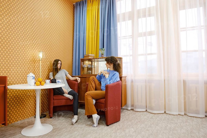 The young woman came to her friend and talks about her fears and problems. They are sitting in bright living room and looking for a solution
