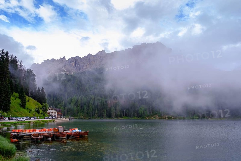 Lake Misurina, Lago di Misurina in the fog, Auronzo di Cadore, Dolomites, Veneto, Italy