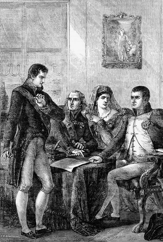 Ferdinand VII of Spain surrendered his crown to Emperor Napoleon on 6 May 1808. Napoleon then kept Ferdinand under guard for six years in the castle of Valencay in France, digital reproduction of a historical model