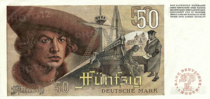 Banknote, banknote, 50 Deutsche Mark, reverse, series 2, Germany, reproduction of a historical banknote