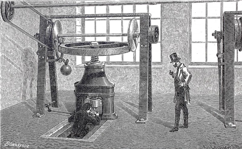 Worker at a mint, coin minting block, moved by steam, 1870, England, digitally enhanced reproduction of a 19th century model, historical