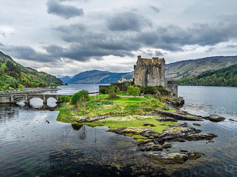 Eilean Donan Castle and Loch Duich from a drone, Isle of Skye, Highlands, Scotland, England, United Kingdom