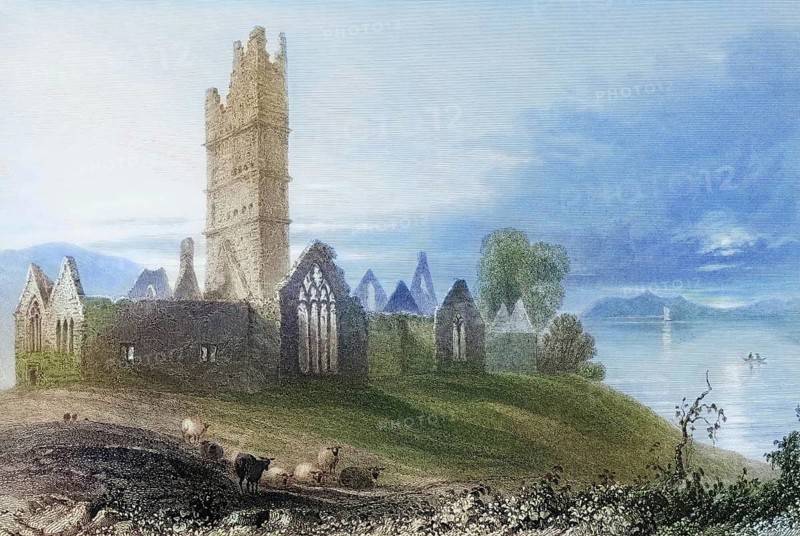 Moyne Abbey, Killala, County Mayo, Ireland, from the Landscape and Antiquities of Ireland, 1841, digital reproduction of a historical model