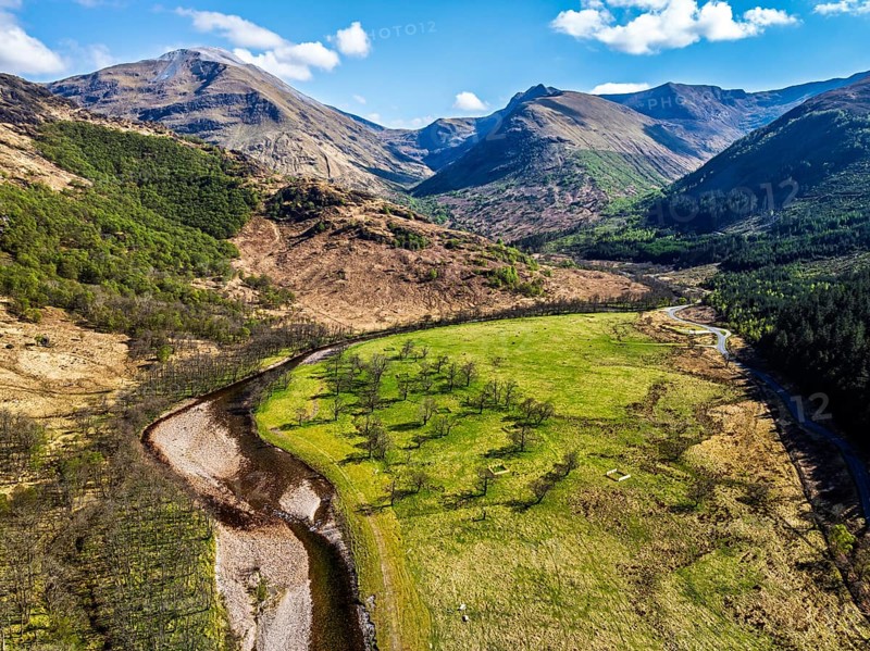 Glen Nevis Valley and River Navis from a drone, Fort William, Lochaber, Highland, Scotland, United Kingdom